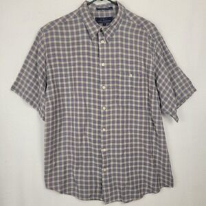 John Ashford Men's Large Shirt Blue Beige Plaid Check Short Sleeve Linen Rayon